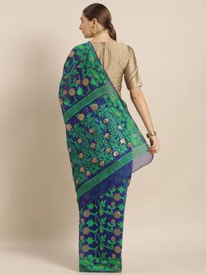 Blue Woven Cotton Poly Saree With Blouse 2