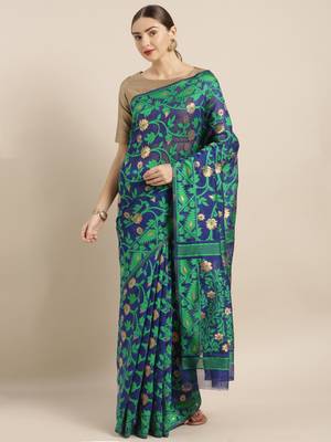 Blue Woven Cotton Poly Saree With Blouse 1