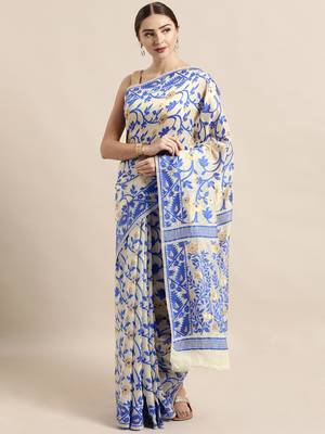 Cream Woven Cotton Poly Saree With Blouse 1