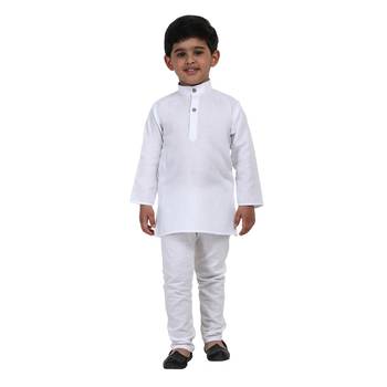 White Plain Cotton Boys Kurta Pyjama 1