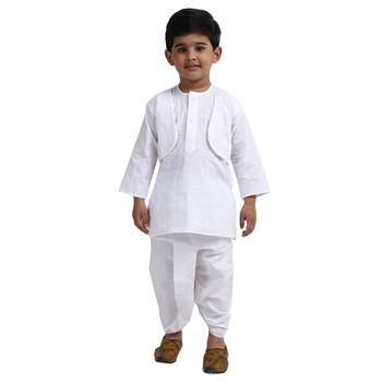 White Plain Cotton Boys Dhoti Kurta 1