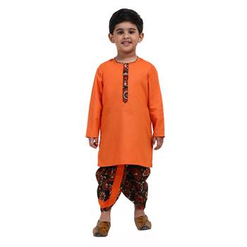 Orange Printed Cotton Boys Dhoti Kurta 1