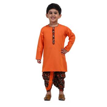 Orange Printed Cotton Boys Dhoti Kurta 2