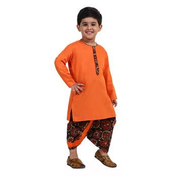 Orange Printed Cotton Boys Dhoti Kurta 3