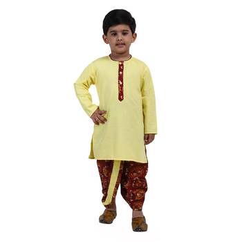 Yellow Printed Cotton Boys Dhoti Kurta 1
