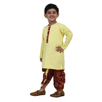 Yellow Printed Cotton Boys Dhoti Kurta 3