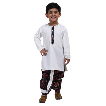 White Printed Cotton Boys Dhoti Kurta 1