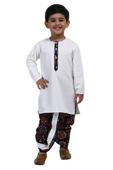White Printed Cotton Boys Dhoti Kurta