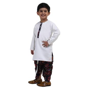 White Printed Cotton Boys Dhoti Kurta 3