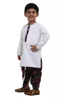 White Printed Cotton Boys Dhoti Kurta