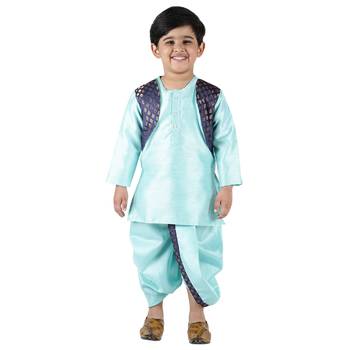 Blue Woven Silk Boys Dhoti Kurta 1