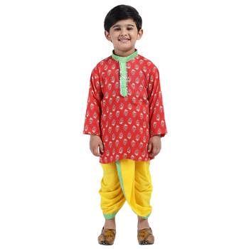 Red Printed Cotton Boys Dhoti Kurta 1