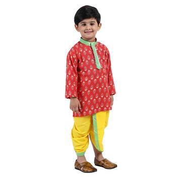Red Printed Cotton Boys Dhoti Kurta 3