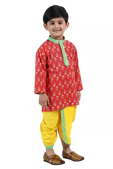 Red Printed Cotton Boys Dhoti Kurta