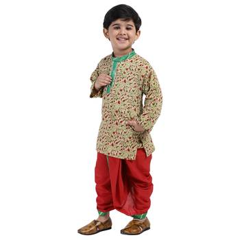 Beige Printed Cotton Boys Dhoti Kurta 2
