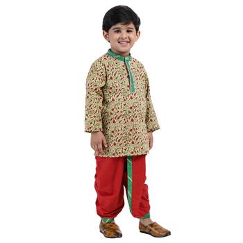 Beige Printed Cotton Boys Dhoti Kurta 3