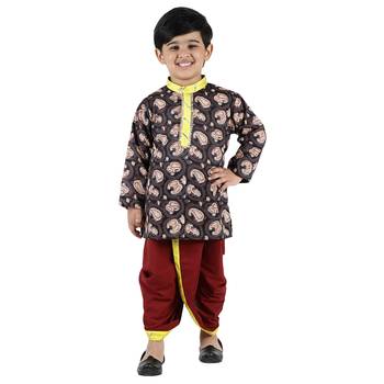 Brown Printed Cotton Boys Dhoti Kurta 1