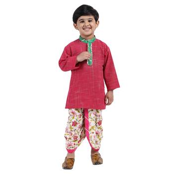 Pink Printed Cotton Boys Dhoti Kurta 1