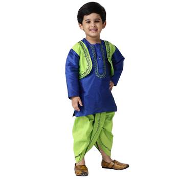 Blue Plain Cotton Silk Boys Dhoti Kurta 1