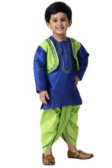 Blue Plain Cotton Silk Boys Dhoti Kurta