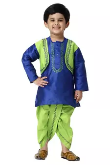 Blue Plain Cotton Silk Boys Dhoti Kurta
