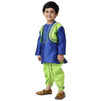 Blue Plain Cotton Silk Boys Dhoti Kurta 3