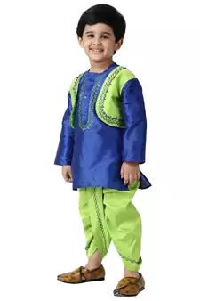 Blue Plain Cotton Silk Boys Dhoti Kurta