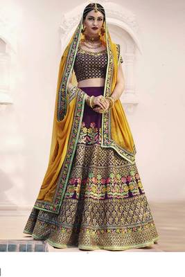 Purple Embroidered Silk Semi Stitched Lehenga 1