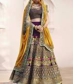 Purple Embroidered Silk Semi Stitched Lehenga