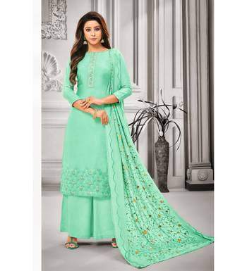 Sea Green Maslin Silk Embroidered Women's Unstitched Palazzo Suit 1