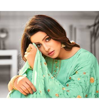 Sea Green Maslin Silk Embroidered Women's Unstitched Palazzo Suit 3