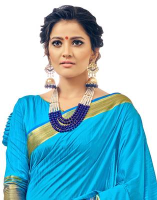 Blue woven chanderi saree with blouse 2