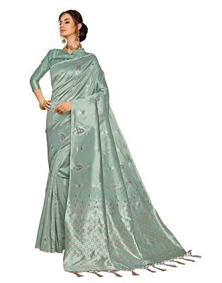 Turquoise woven kanchipuram silk saree with blouse 1