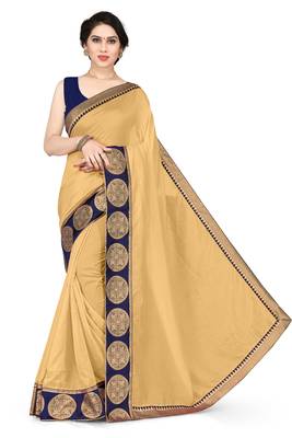 Beige plain silk blend saree with blouse 1