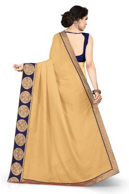 Beige plain silk blend saree with blouse 2