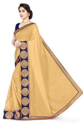 Beige plain silk blend saree with blouse 3