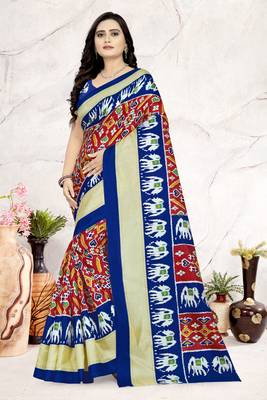 Red Printed Khadi Saree With Blouse 1