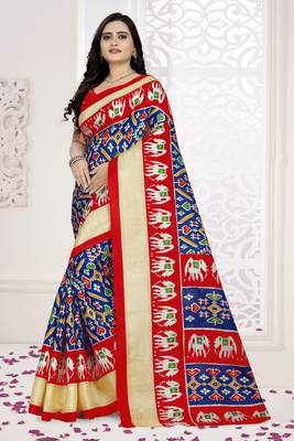 Blue Printed Khadi Saree With Blouse 1