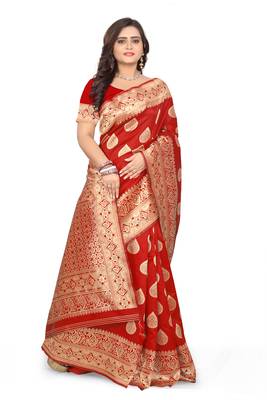 Red Printed Jacquard Saree With Blouse 2