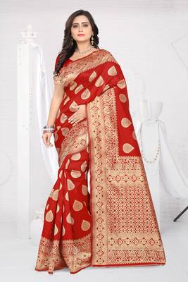 Red Printed Jacquard Saree With Blouse 1