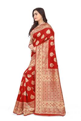 Red Printed Jacquard Saree With Blouse 4