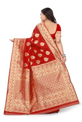 Red Printed Jacquard Saree With Blouse 5