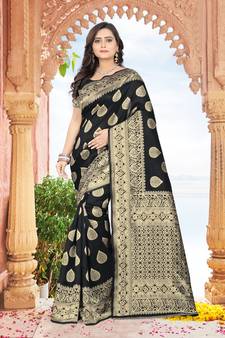 Black Printed Jacquard Saree With Blouse