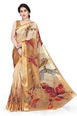 Brown printed cotton saree with blouse 1