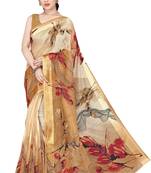 Brown printed cotton saree with blouse