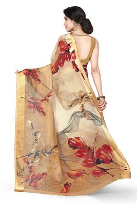 Brown printed cotton saree with blouse 2