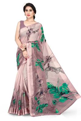Wine printed cotton saree with blouse 1