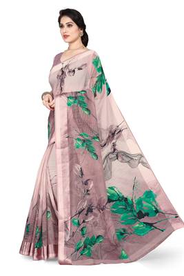 Wine printed cotton saree with blouse 3