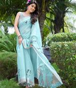 Sky Blue Printed Cotton Saree With Blouse