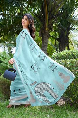 Sky Blue Printed Cotton Saree With Blouse 2